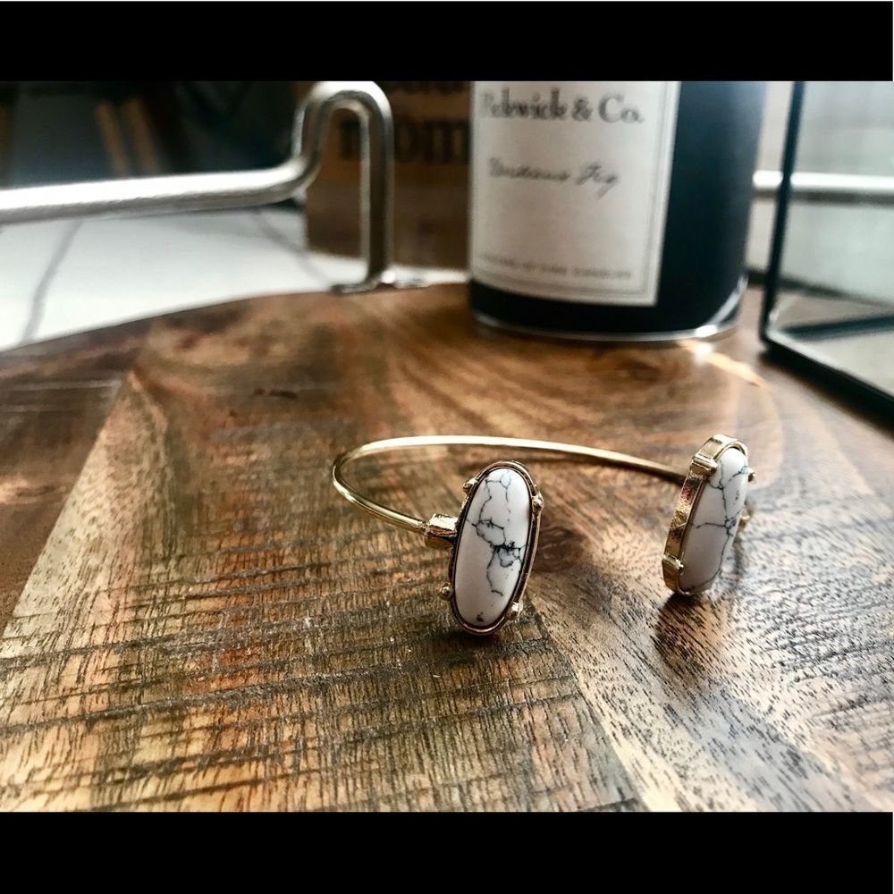Cuff Bangle Bracelet Gold White Marble Stone Open